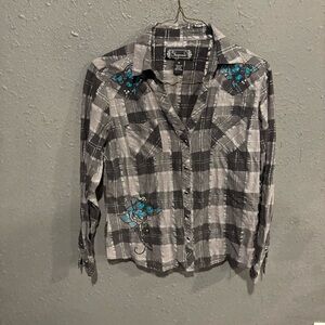 Shyanne Black & Gray Plaid Button-Down Shirt with Teal Floral Accents
